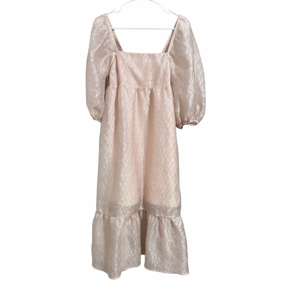 ANTHROPOLOGIE Textured Puff Sleeve Baby Doll Midi Dress Pale Pink Womens Size XS
